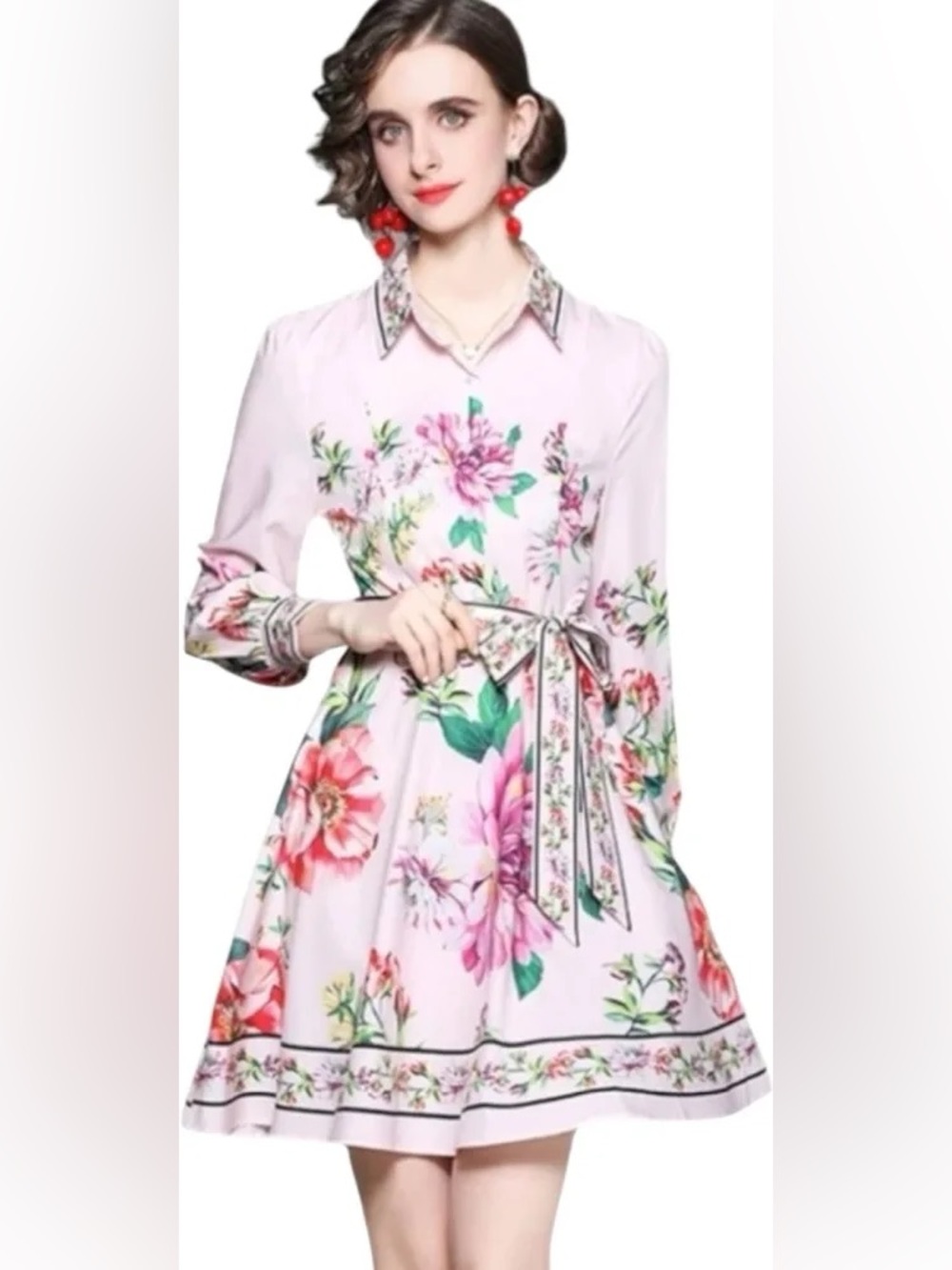 Dalia Macphee Light Pink Floral Tie-Waist for and flare Long Sleeve Dress